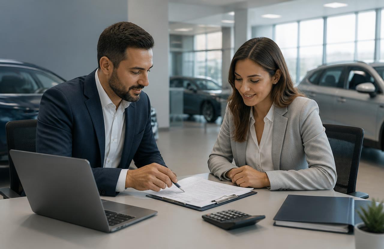 Atendente orientando uma cliente sobre financiamento